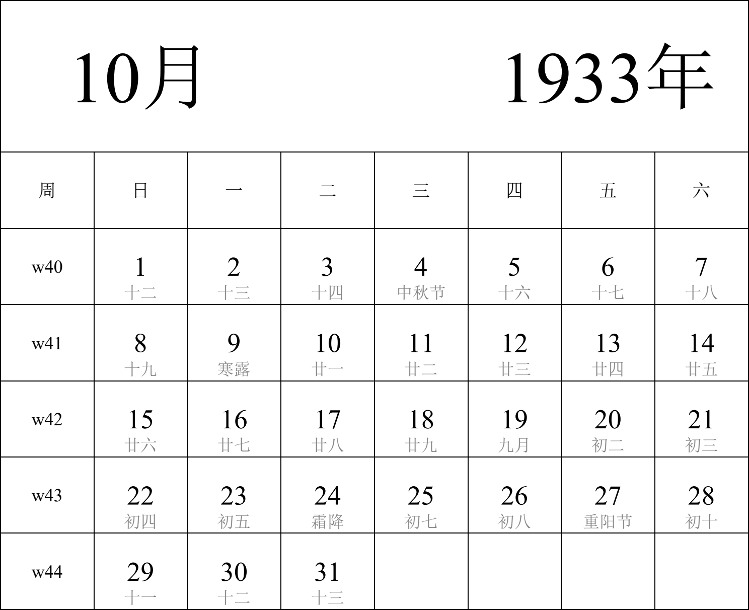 日历表1933年日历 中文版 纵向排版 周日开始 带周数 带农历 带节假日调休安排